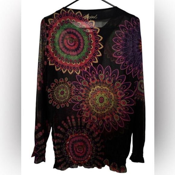 Desigual Black Vibrant Multicolor Sheer Long Sleeve Mandala Tunic Top Size Small - Picture 6 of 11
